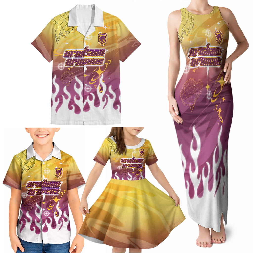 Personalized Brisbane Broncos Family Matching Tank Maxi Dress and Hawaiian Shirt Y2K Grunge Aesthetic With Cyber Flames and Starburst Graphics