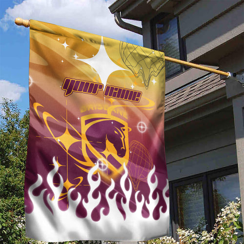 Personalized Brisbane Broncos Garden Flag Y2K Grunge Aesthetic With Cyber Flames and Starburst Graphics