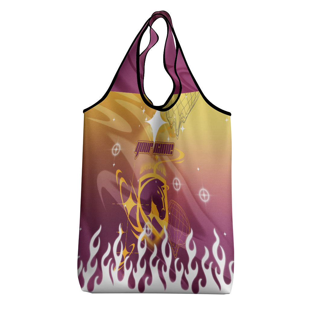 Personalized Brisbane Broncos Grocery Bag Y2K Grunge Aesthetic With Cyber Flames and Starburst Graphics