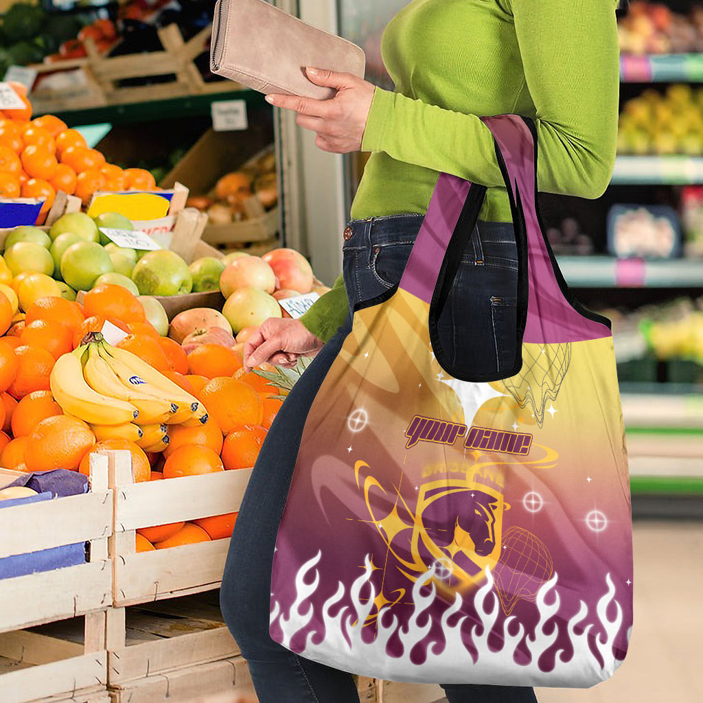 Personalized Brisbane Broncos Grocery Bag Y2K Grunge Aesthetic With Cyber Flames and Starburst Graphics