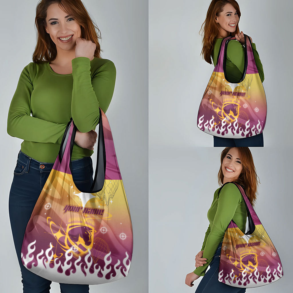 Personalized Brisbane Broncos Grocery Bag Y2K Grunge Aesthetic With Cyber Flames and Starburst Graphics