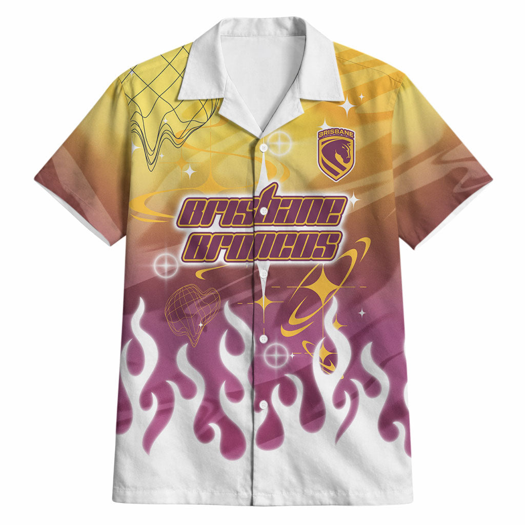 Personalized Brisbane Broncos Hawaiian Shirt Y2K Grunge Aesthetic With Cyber Flames and Starburst Graphics