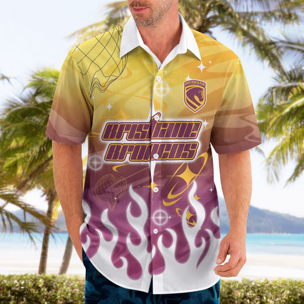 Personalized Brisbane Broncos Hawaiian Shirt Y2K Grunge Aesthetic With Cyber Flames and Starburst Graphics