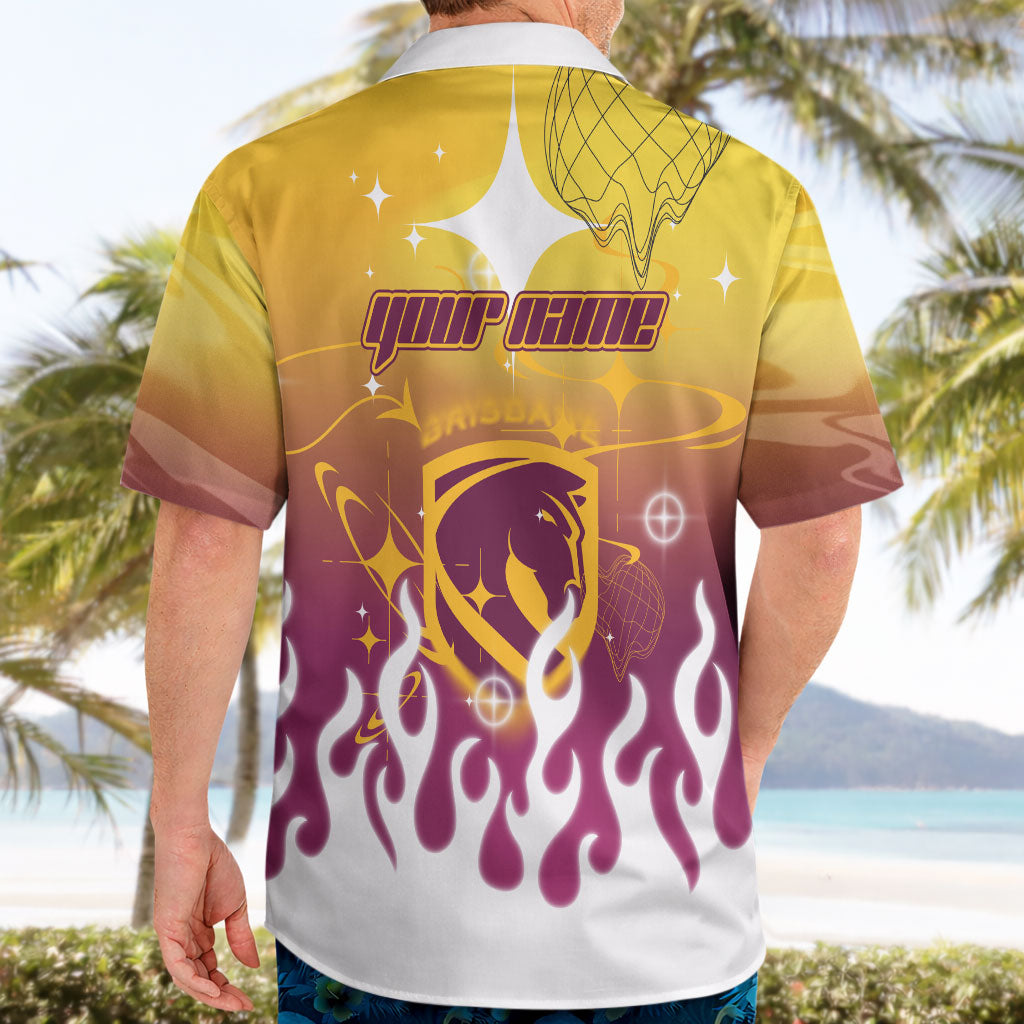 Personalized Brisbane Broncos Hawaiian Shirt Y2K Grunge Aesthetic With Cyber Flames and Starburst Graphics