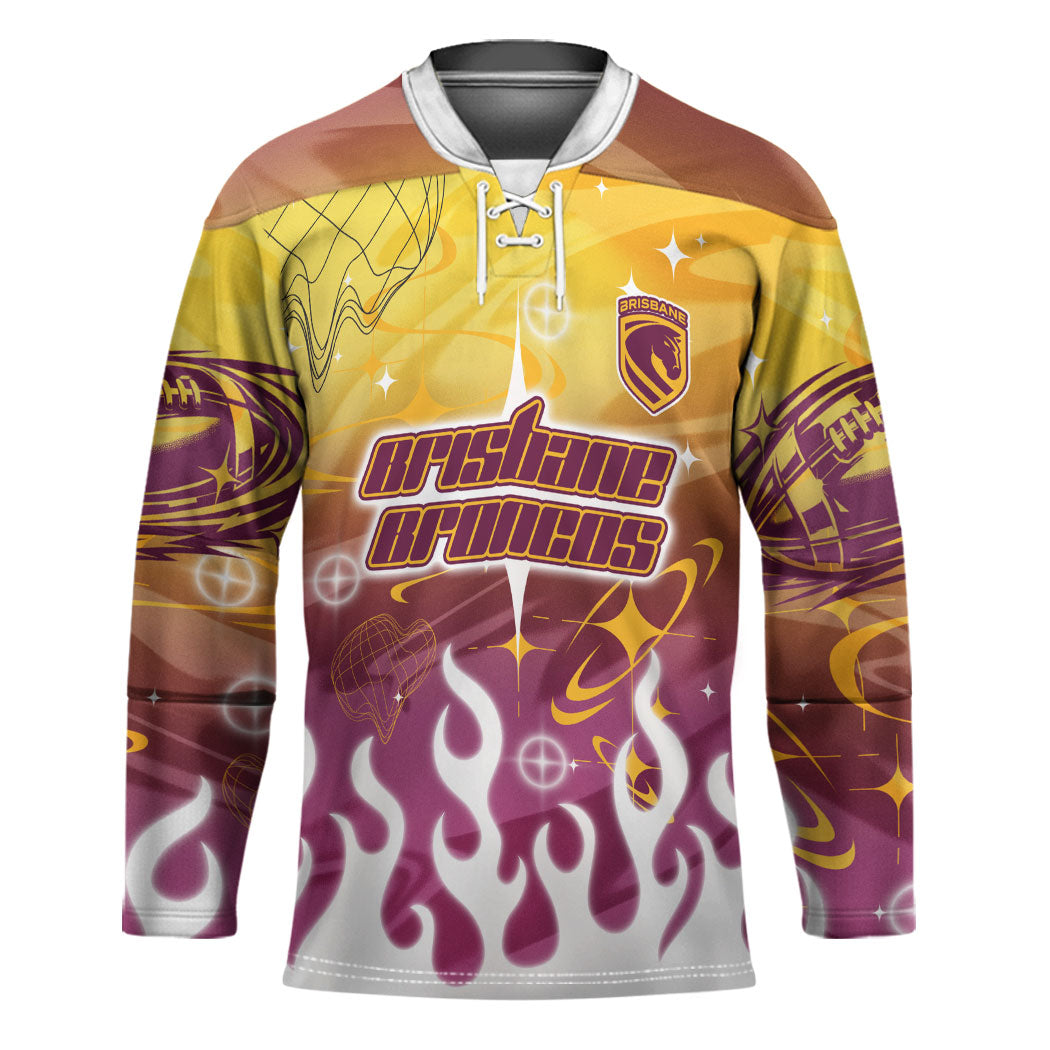 Personalized Brisbane Broncos Hockey Jersey Y2K Grunge Aesthetic With Cyber Flames and Starburst Graphics