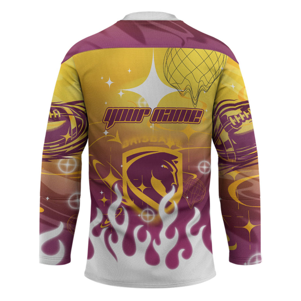 Personalized Brisbane Broncos Hockey Jersey Y2K Grunge Aesthetic With Cyber Flames and Starburst Graphics