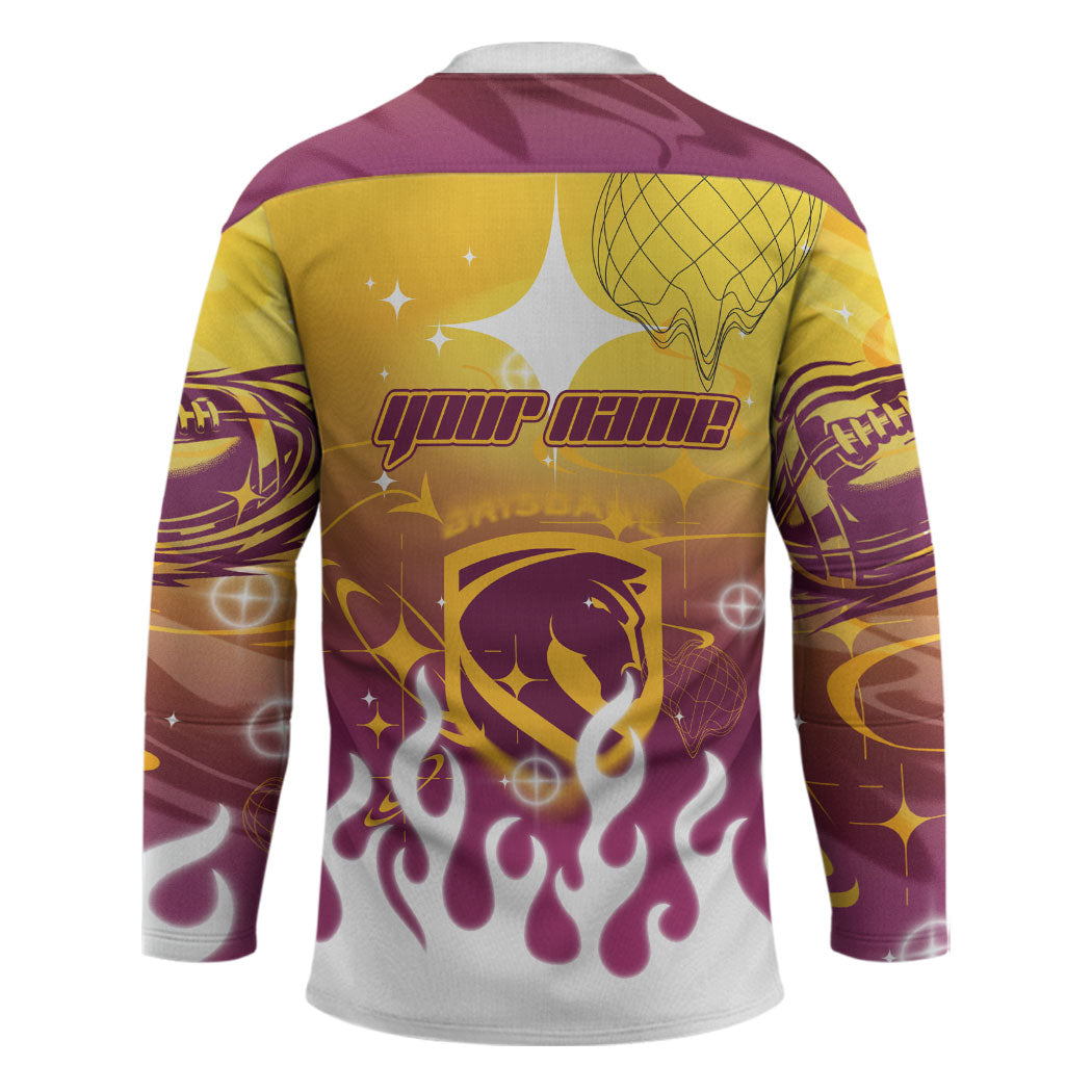 Personalized Brisbane Broncos Hockey Jersey Y2K Grunge Aesthetic With Cyber Flames and Starburst Graphics