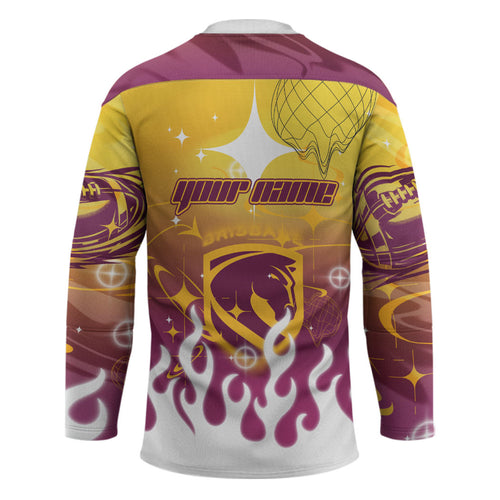 Personalized Brisbane Broncos Hockey Jersey Y2K Grunge Aesthetic With Cyber Flames and Starburst Graphics