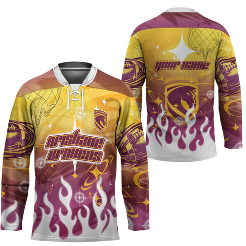 Personalized Brisbane Broncos Hockey Jersey Y2K Grunge Aesthetic With Cyber Flames and Starburst Graphics