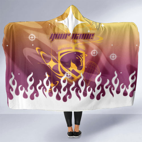 Personalized Brisbane Broncos Hooded Blanket Y2K Grunge Aesthetic With Cyber Flames and Starburst Graphics