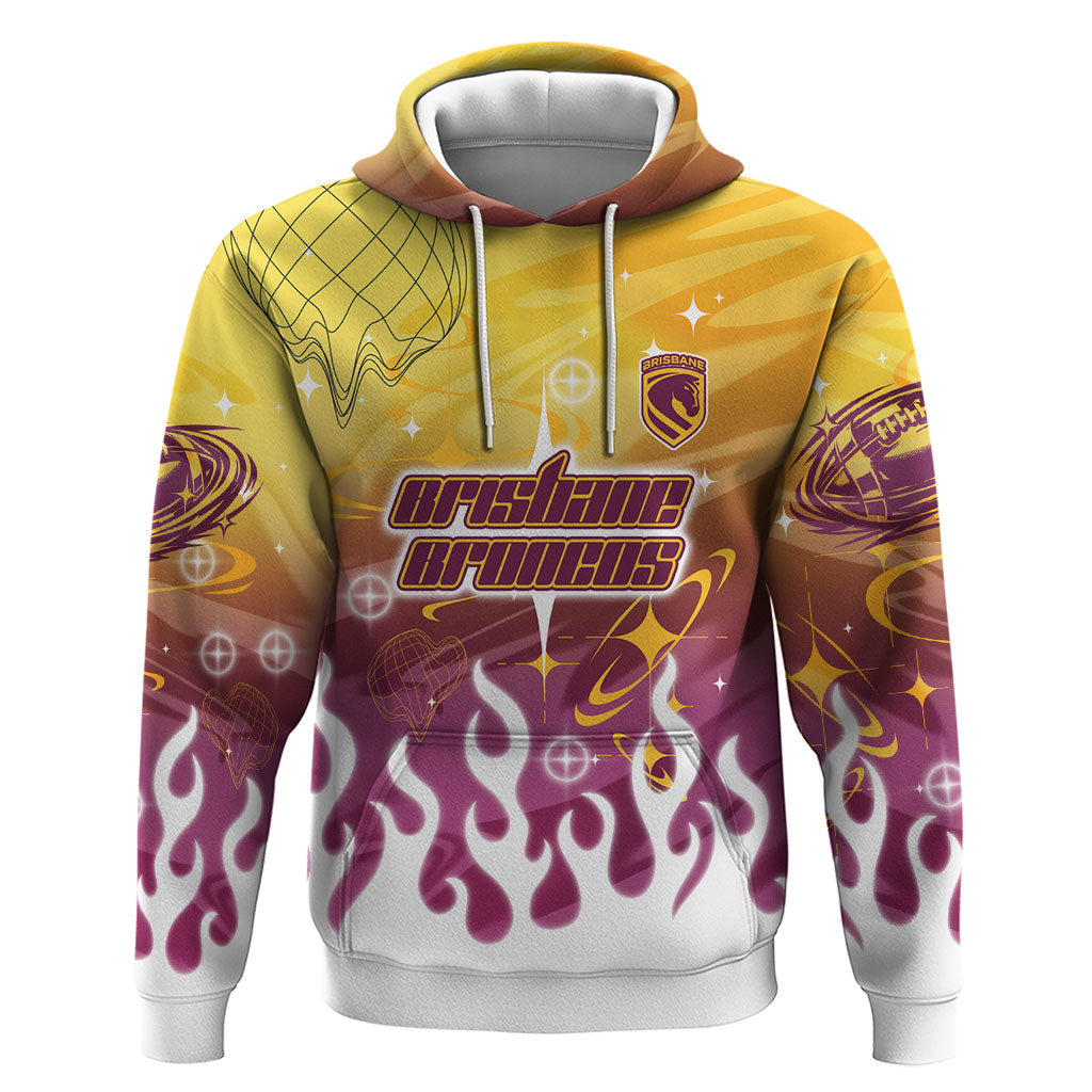 Personalized Brisbane Broncos Hoodie Y2K Grunge Aesthetic With Cyber Flames and Starburst Graphics