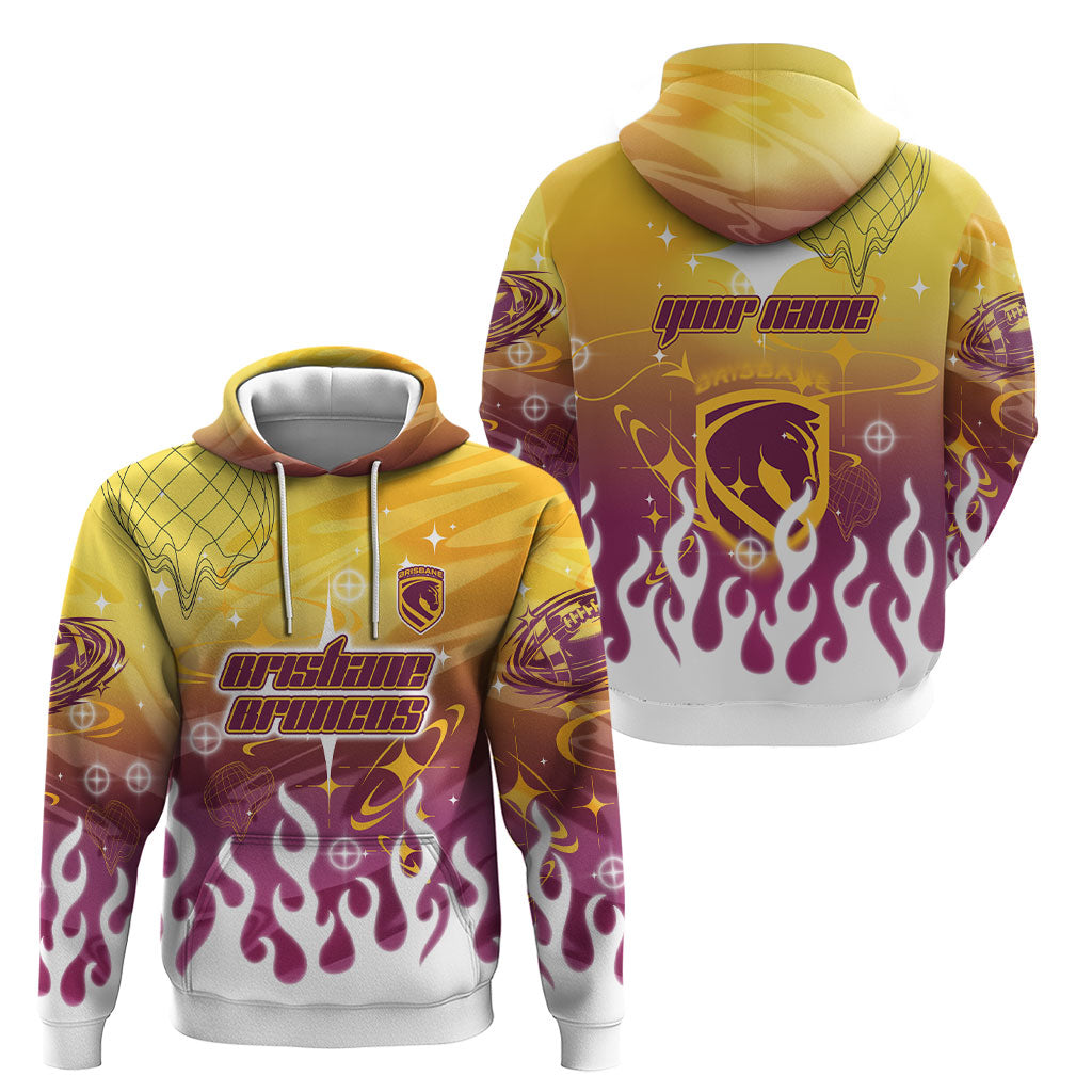 Personalized Brisbane Broncos Hoodie Y2K Grunge Aesthetic With Cyber Flames and Starburst Graphics