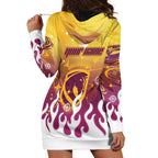 Personalized Brisbane Broncos Hoodie Dress Y2K Grunge Aesthetic With Cyber Flames and Starburst Graphics