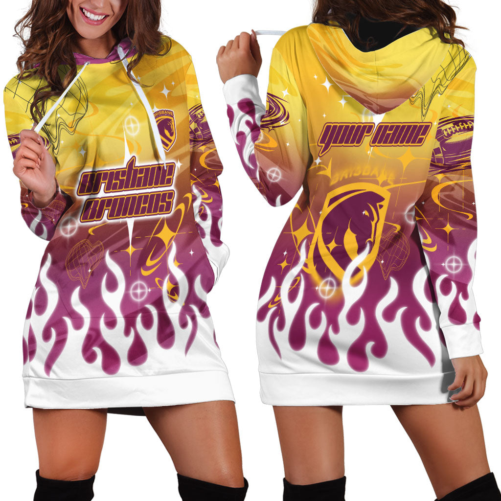 Personalized Brisbane Broncos Hoodie Dress Y2K Grunge Aesthetic With Cyber Flames and Starburst Graphics