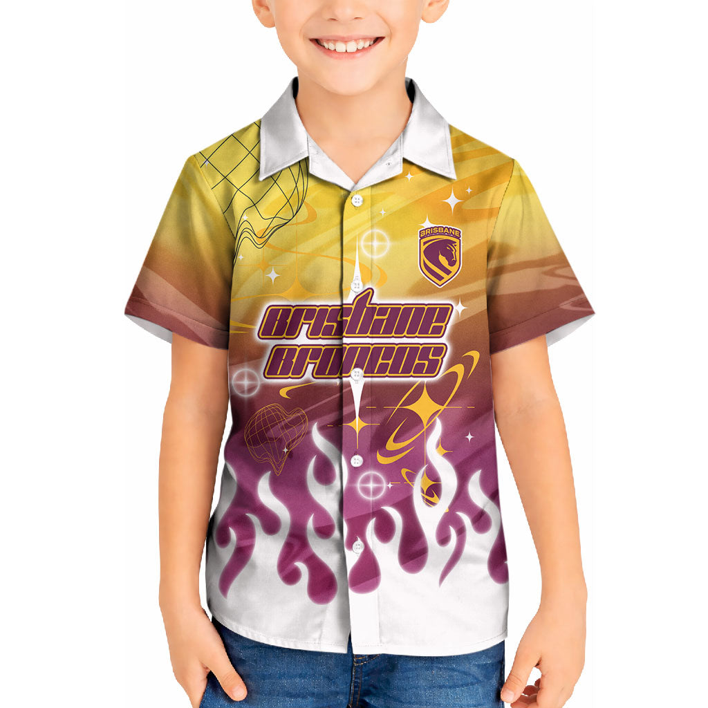 Personalized Brisbane Broncos Kid Hawaiian Shirt Y2K Grunge Aesthetic With Cyber Flames and Starburst Graphics