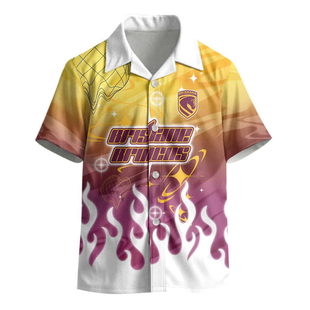 Personalized Brisbane Broncos Kid Hawaiian Shirt Y2K Grunge Aesthetic With Cyber Flames and Starburst Graphics