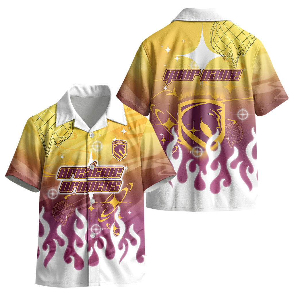Personalized Brisbane Broncos Kid Hawaiian Shirt Y2K Grunge Aesthetic With Cyber Flames and Starburst Graphics