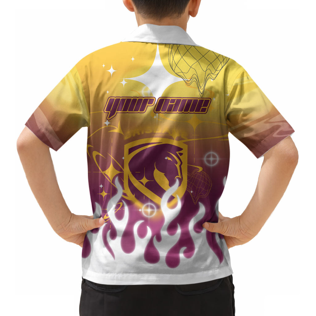 Personalized Brisbane Broncos Kid Hawaiian Shirt Y2K Grunge Aesthetic With Cyber Flames and Starburst Graphics