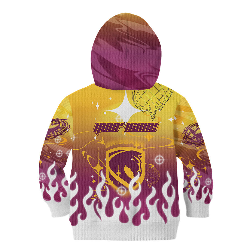 Personalized Brisbane Broncos Kid Hoodie Y2K Grunge Aesthetic With Cyber Flames and Starburst Graphics