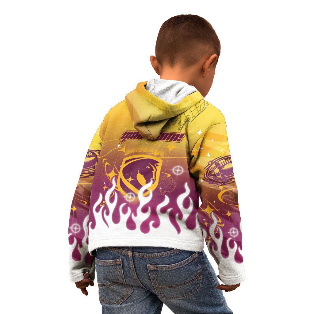 Personalized Brisbane Broncos Kid Hoodie Y2K Grunge Aesthetic With Cyber Flames and Starburst Graphics
