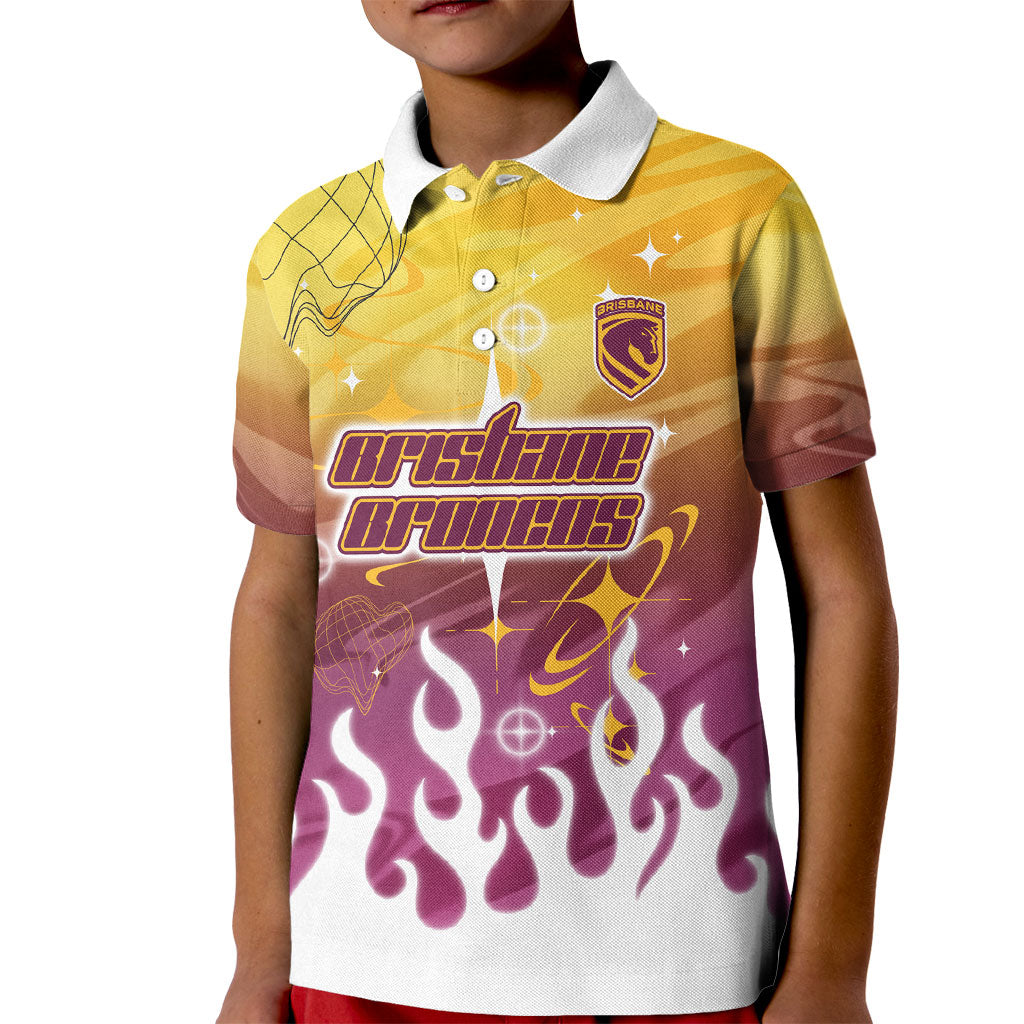 Personalized Brisbane Broncos Kid Polo Shirt Y2K Grunge Aesthetic With Cyber Flames and Starburst Graphics