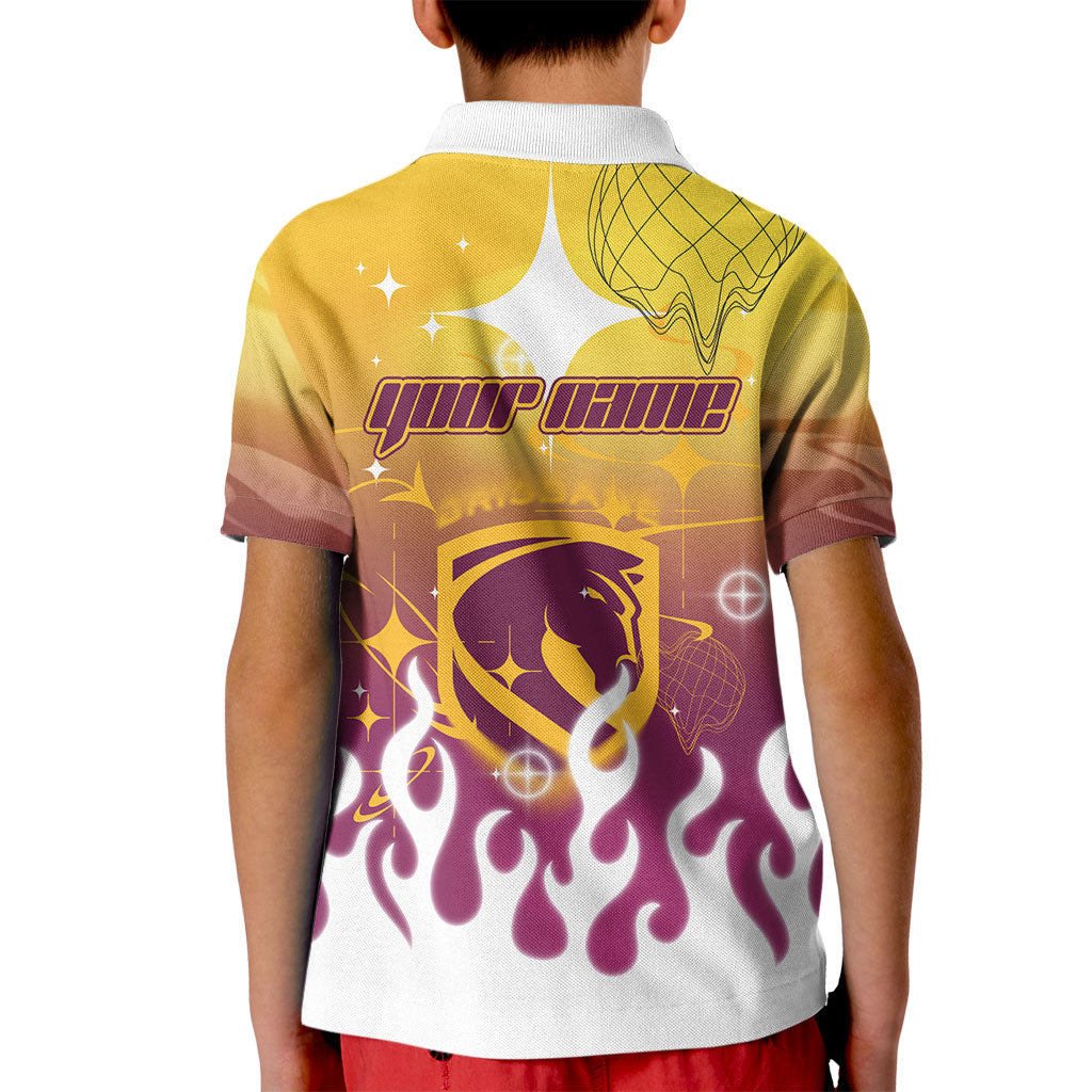 Personalized Brisbane Broncos Kid Polo Shirt Y2K Grunge Aesthetic With Cyber Flames and Starburst Graphics