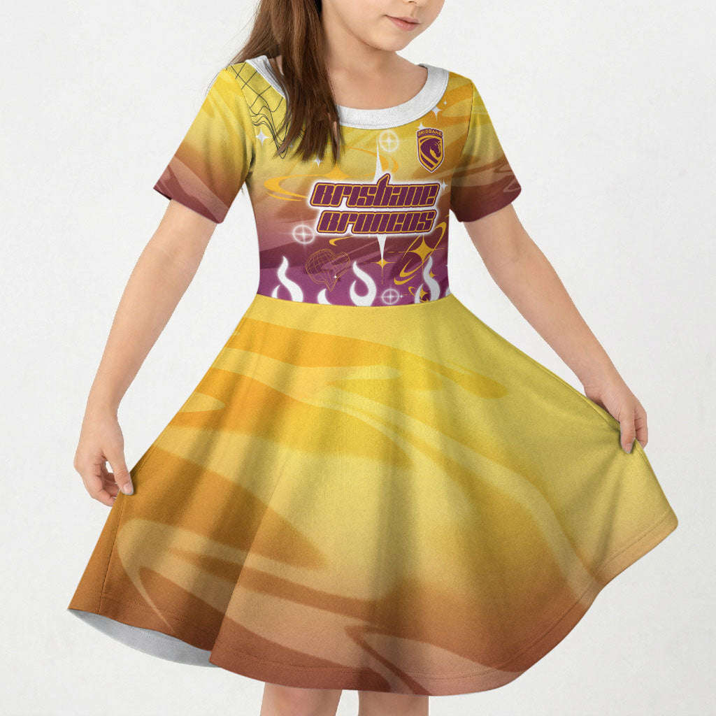 Personalized Brisbane Broncos Kid Short Sleeve Dress Y2K Grunge Aesthetic With Cyber Flames and Starburst Graphics
