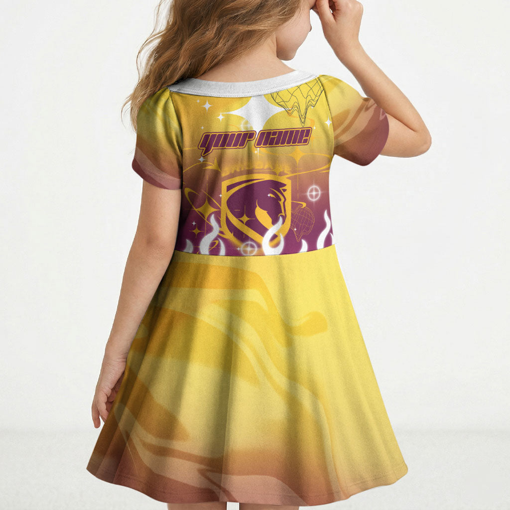 Personalized Brisbane Broncos Kid Short Sleeve Dress Y2K Grunge Aesthetic With Cyber Flames and Starburst Graphics