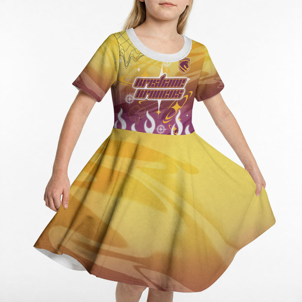 Personalized Brisbane Broncos Kid Short Sleeve Dress Y2K Grunge Aesthetic With Cyber Flames and Starburst Graphics