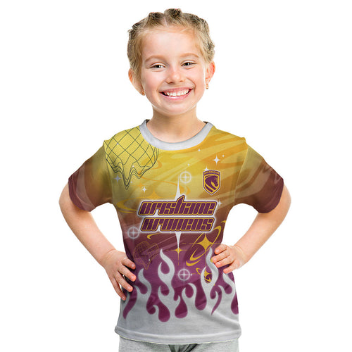 Personalized Brisbane Broncos Kid T Shirt Y2K Grunge Aesthetic With Cyber Flames and Starburst Graphics
