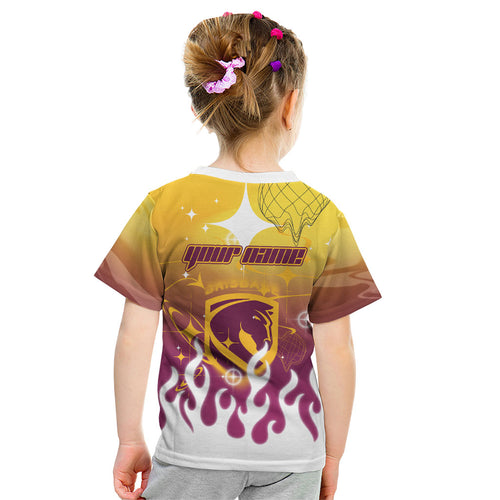Personalized Brisbane Broncos Kid T Shirt Y2K Grunge Aesthetic With Cyber Flames and Starburst Graphics