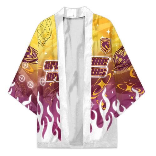 Personalized Brisbane Broncos Kimono Y2K Grunge Aesthetic With Cyber Flames and Starburst Graphics