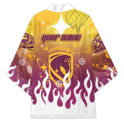 Personalized Brisbane Broncos Kimono Y2K Grunge Aesthetic With Cyber Flames and Starburst Graphics