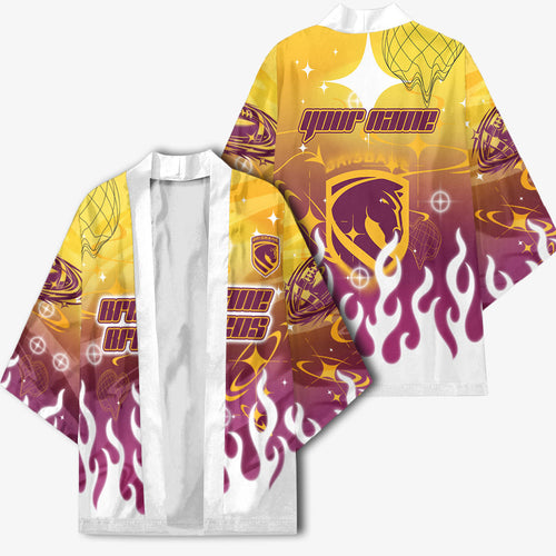 Personalized Brisbane Broncos Kimono Y2K Grunge Aesthetic With Cyber Flames and Starburst Graphics