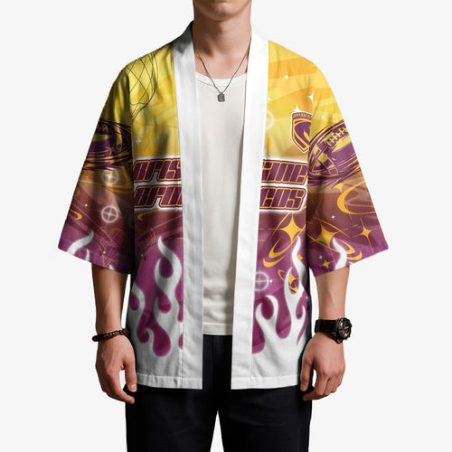Personalized Brisbane Broncos Kimono Y2K Grunge Aesthetic With Cyber Flames and Starburst Graphics