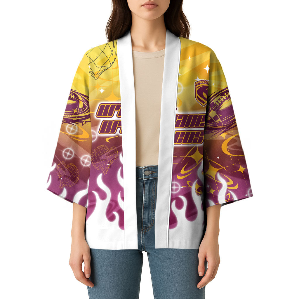 Personalized Brisbane Broncos Kimono Y2K Grunge Aesthetic With Cyber Flames and Starburst Graphics
