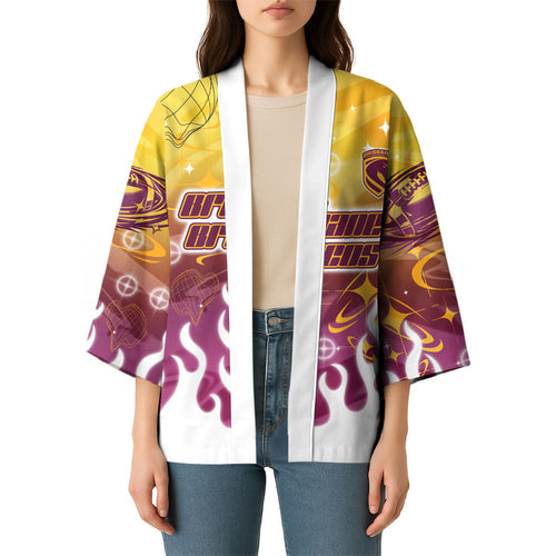 Personalized Brisbane Broncos Kimono Y2K Grunge Aesthetic With Cyber Flames and Starburst Graphics