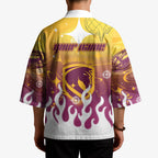 Personalized Brisbane Broncos Kimono Y2K Grunge Aesthetic With Cyber Flames and Starburst Graphics