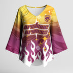 Personalized Brisbane Broncos Kimono Sleeve Blouse Y2K Grunge Aesthetic With Cyber Flames and Starburst Graphics