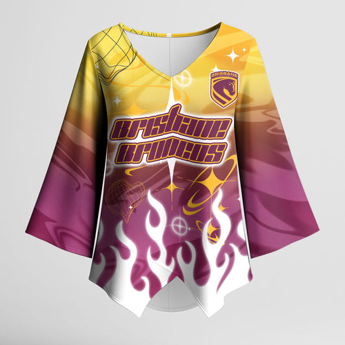 Personalized Brisbane Broncos Kimono Sleeve Blouse Y2K Grunge Aesthetic With Cyber Flames and Starburst Graphics