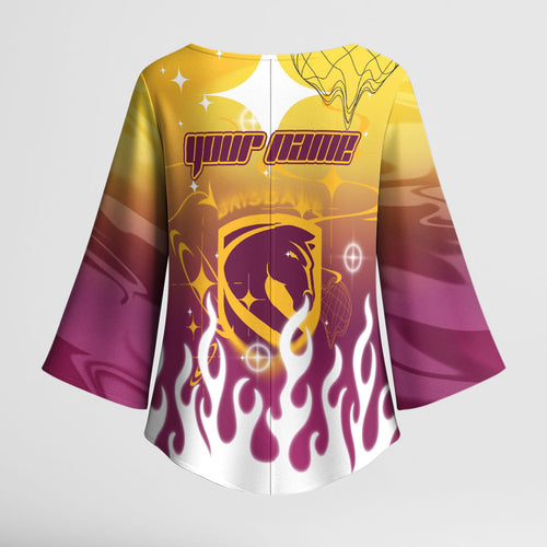 Personalized Brisbane Broncos Kimono Sleeve Blouse Y2K Grunge Aesthetic With Cyber Flames and Starburst Graphics