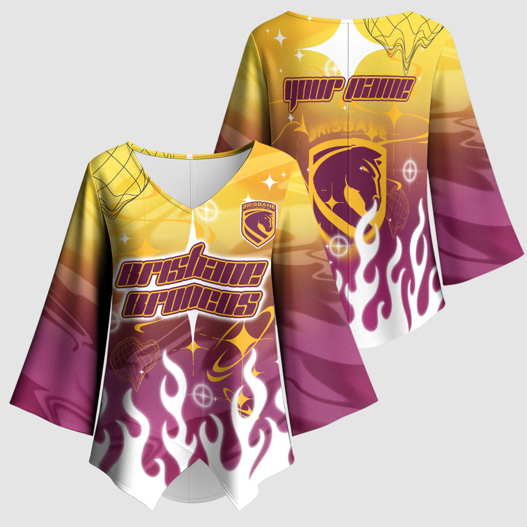 Personalized Brisbane Broncos Kimono Sleeve Blouse Y2K Grunge Aesthetic With Cyber Flames and Starburst Graphics