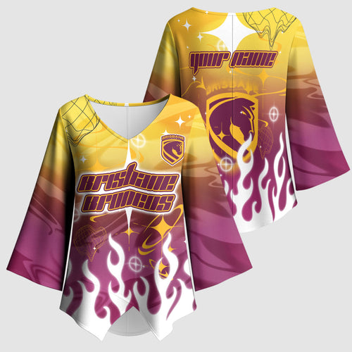 Personalized Brisbane Broncos Kimono Sleeve Blouse Y2K Grunge Aesthetic With Cyber Flames and Starburst Graphics