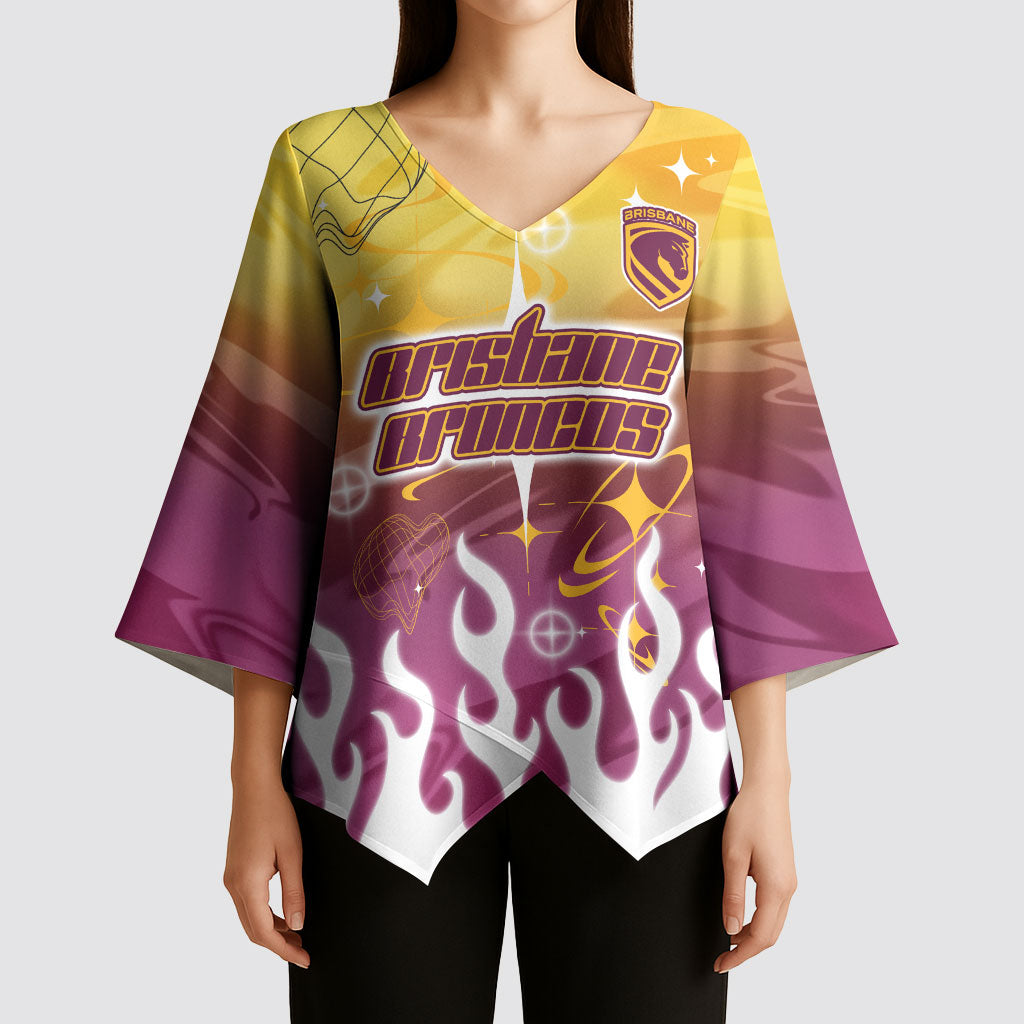 Personalized Brisbane Broncos Kimono Sleeve Blouse Y2K Grunge Aesthetic With Cyber Flames and Starburst Graphics