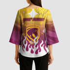 Personalized Brisbane Broncos Kimono Sleeve Blouse Y2K Grunge Aesthetic With Cyber Flames and Starburst Graphics