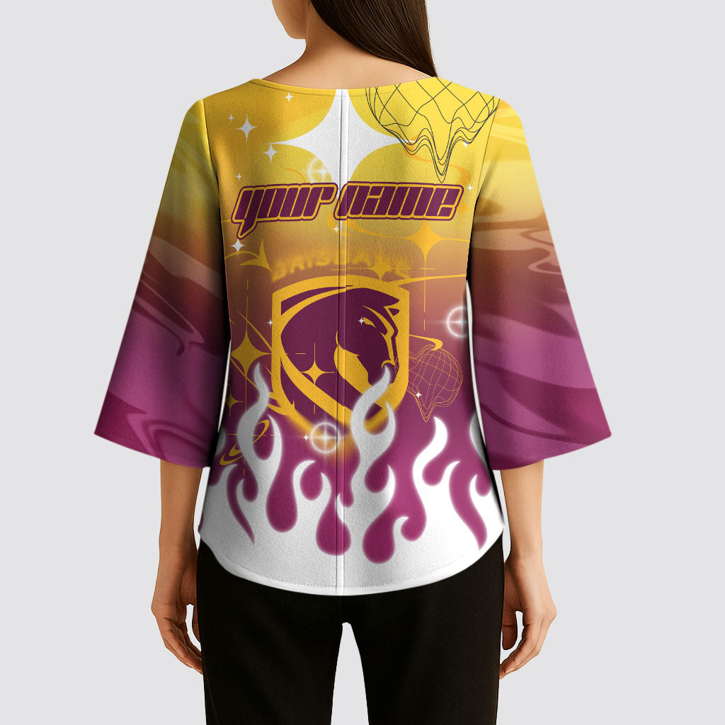 Personalized Brisbane Broncos Kimono Sleeve Blouse Y2K Grunge Aesthetic With Cyber Flames and Starburst Graphics