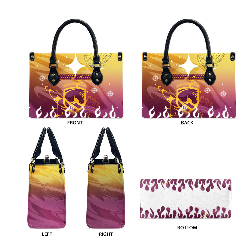 Personalized Brisbane Broncos Leather Bag Y2K Grunge Aesthetic With Cyber Flames and Starburst Graphics