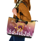 Personalized Brisbane Broncos Leather Tote Bag Y2K Grunge Aesthetic With Cyber Flames and Starburst Graphics