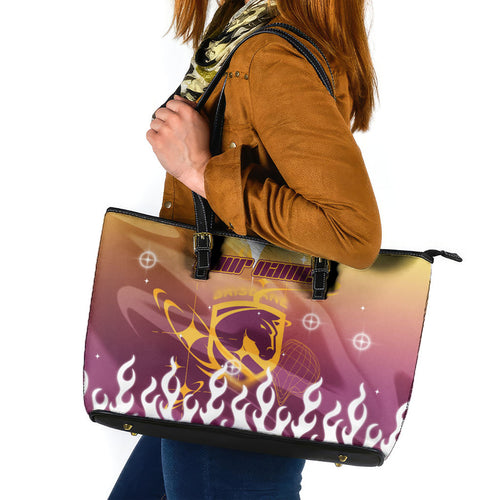 Personalized Brisbane Broncos Leather Tote Bag Y2K Grunge Aesthetic With Cyber Flames and Starburst Graphics
