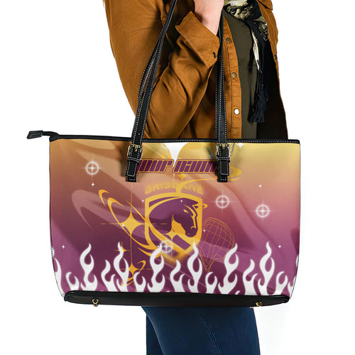 Personalized Brisbane Broncos Leather Tote Bag Y2K Grunge Aesthetic With Cyber Flames and Starburst Graphics